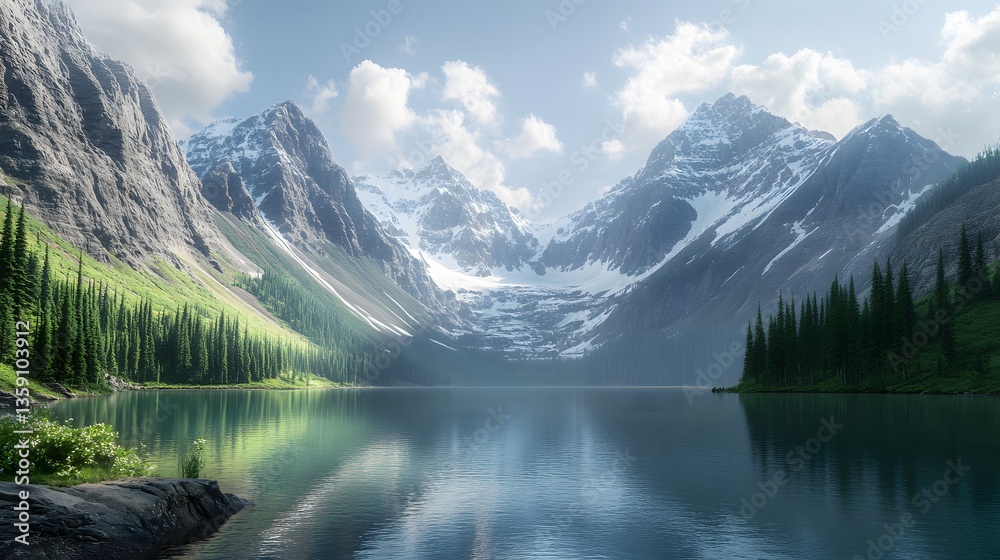 Naklejka premium A serene mountain lake reflecting snow-capped peaks, surrounded by lush green forests