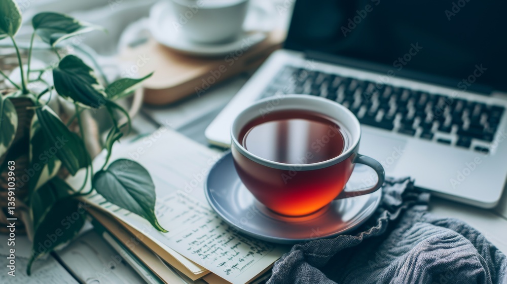 A cup of tea sits on a saucer next to an open notebook, a pen, and a laptop. The cozy setup is complemented by a plant in the background, creating a relaxing and productive workspace.