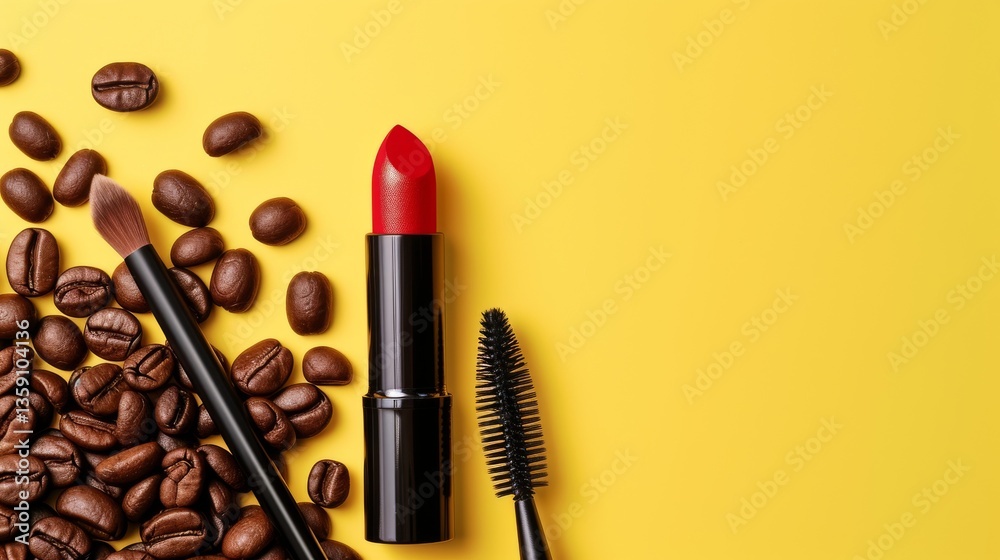 Red lipstick and makeup brushes arranged with scattered coffee beans on a vibrant yellow background. This lively and colorful composition is perfect for beauty, coffee-related advertisements, and