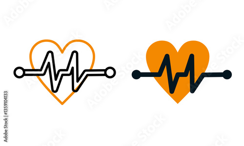 Orange heart with pulse line icon, healthcare and cardiology symbol, medical heart rate monitor logo, wellness and fitness heartbeat illustration. full color and outline version.