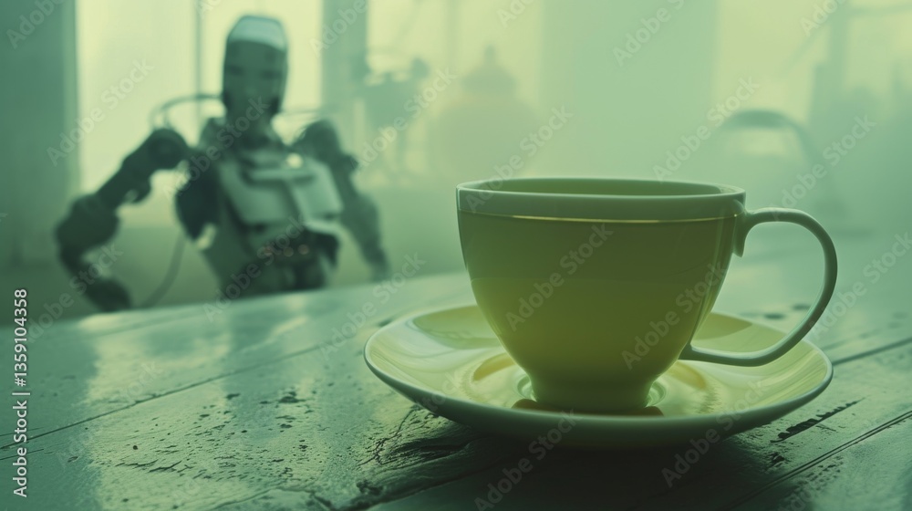 A yellow tea cup is prominently featured with a robotic figure blurred in the industrial background. The juxtaposition of the warm, inviting tea and the cold, mechanical environment suggests a blend