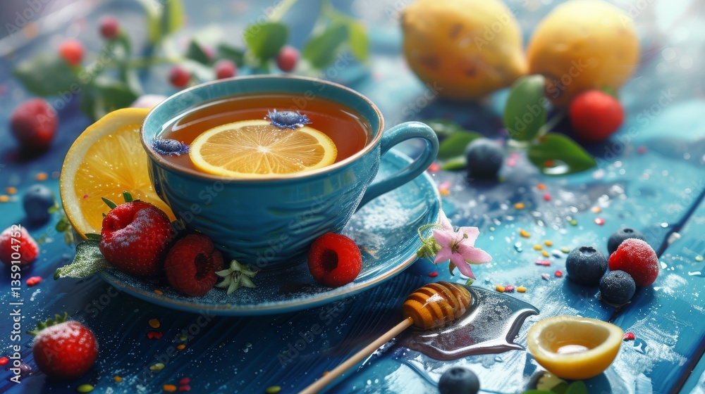 A lively scene featuring a blue cup of tea with a lemon slice, surrounded by fresh berries like strawberries and raspberries. The honey dipper and scattered flowers add a touch of sweetness and