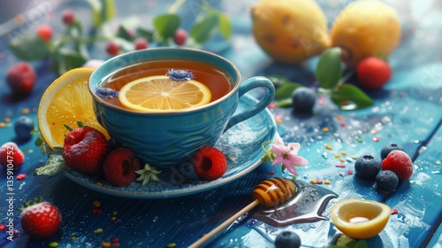 Obraz na płótnie A lively scene featuring a blue cup of tea with a lemon slice, surrounded by fresh berries like strawberries and raspberries. The honey dipper and scattered flowers add a touch of sweetness and w salonie