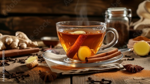 Obraz na płótnie A clear glass cup of hot cinnamon and ginger tea steams on a rustic wooden table, surrounded by fresh ginger root and cinnamon sticks. The scene evokes warmth and homey comfort. w salonie