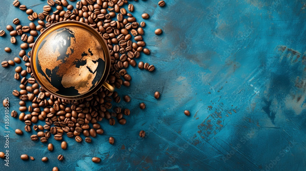 A captivating coffee cup with world map foam surrounded by coffee beans on a vibrant blue background. Perfect for global coffee enthusiasts and travel-themed content.