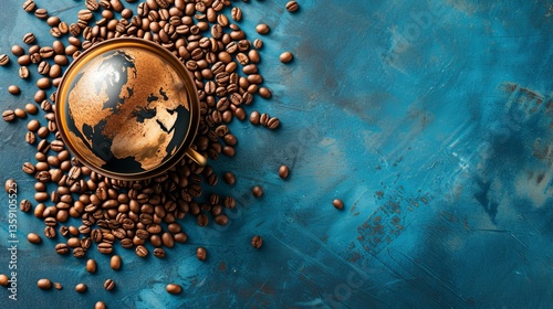 Obraz na płótnie A captivating coffee cup with world map foam surrounded by coffee beans on a vibrant blue background. Perfect for global coffee enthusiasts and travel-themed content. w salonie