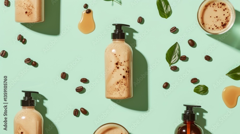 A top view of coffee-infused beauty products surrounded by coffee beans, leaves, and coffee spills on a pastel green background. This arrangement showcases the natural and refreshing elements of