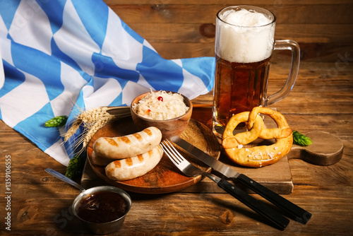 Tasty sausages, sauce, flag...