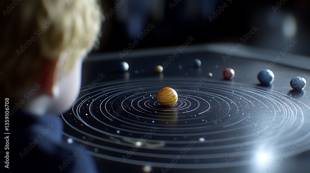 Obraz premium Child Observing Solar System Model Planets Orbits Astronomy