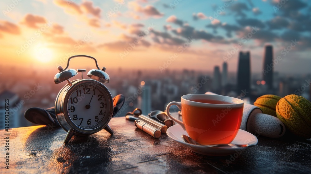 A serene morning scene featuring a vintage alarm clock and a steaming cup of tea on a wooden table. The city skyline and a beautiful sunrise in the background add a touch of tranquility, perfect for