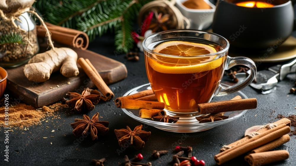 A glass cup of spiced tea garnished with a lemon slice, surrounded by cinnamon sticks, star anise, and ginger. The warm, cozy ambiance is enhanced by a rustic background, making it an inviting image