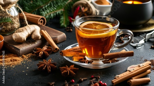 Obraz na płótnie A glass cup of spiced tea garnished with a lemon slice, surrounded by cinnamon sticks, star anise, and ginger. The warm, cozy ambiance is enhanced by a rustic background, making it an inviting image w salonie