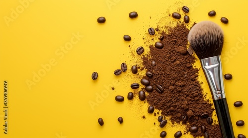 Obraz na płótnie A flat lay of a makeup brush and coffee beans on a bright yellow background. The striking contrast and playful composition make it ideal for beauty and lifestyle themes, showcasing the blend of makeup w salonie