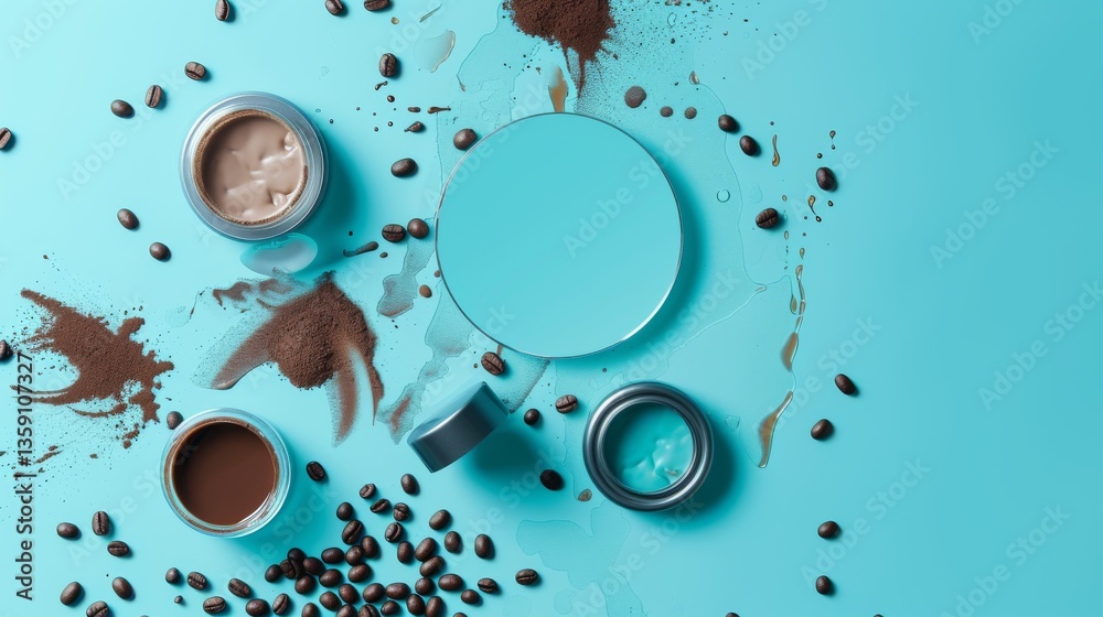 An artistic flat lay of coffee beans, skincare products, and makeup on a vibrant blue background. The scattered arrangement creates a visually appealing and dynamic composition, perfect for beauty and