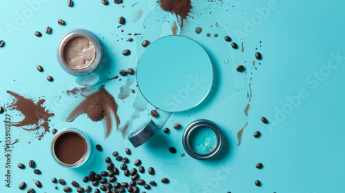 Obraz na płótnie An artistic flat lay of coffee beans, skincare products, and makeup on a vibrant blue background. The scattered arrangement creates a visually appealing and dynamic composition, perfect for beauty and w salonie