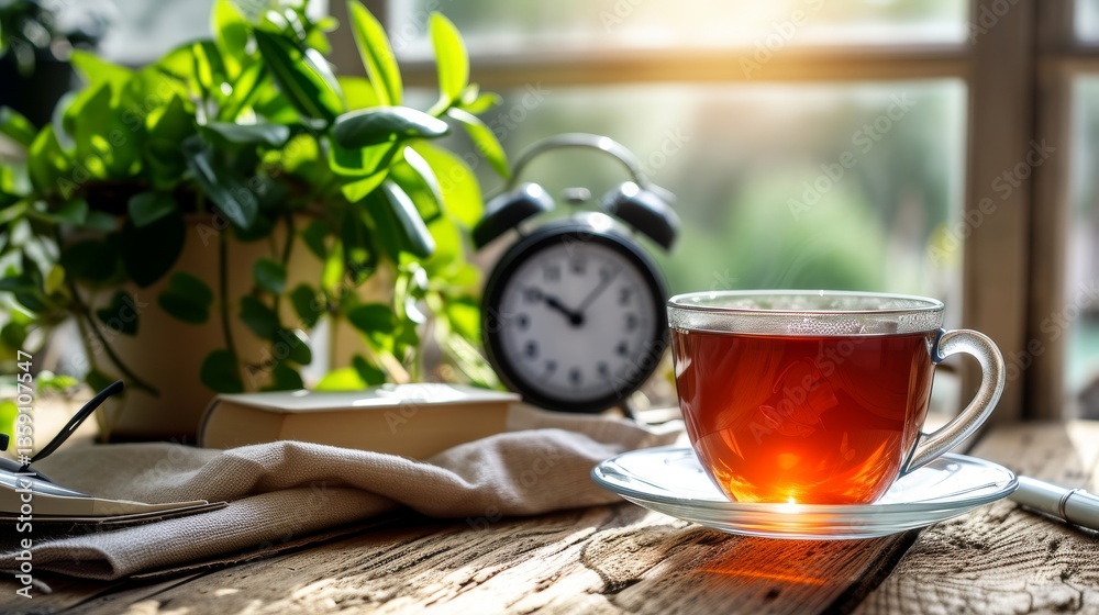 A bright morning scene with a glass teacup filled with tea, sitting on a rustic wooden table by a window. The table also features a pot plant, an alarm clock, and a book, creating a peaceful and