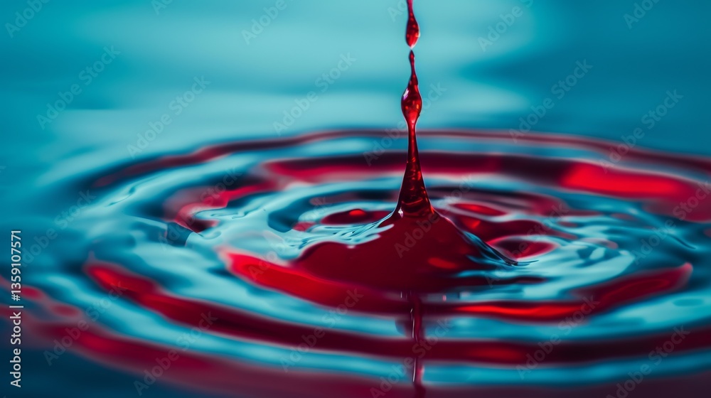 Close-up of a red liquid droplet causing ripples in blue water, creating a striking contrast. The droplet's splash effect is captured in a sharp, vibrant detail.