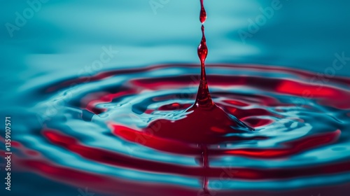 Obraz na płótnie Close-up of a red liquid droplet causing ripples in blue water, creating a striking contrast. The droplet's splash effect is captured in a sharp, vibrant detail. w salonie