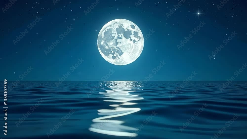 Tranquil Ocean Waters Reflect the Enchanting Glow of a Mystical Full Moon at Night Tranquil Ocean Waters Reflect the Enchanting Glow of a Mystical Full Moon at Night