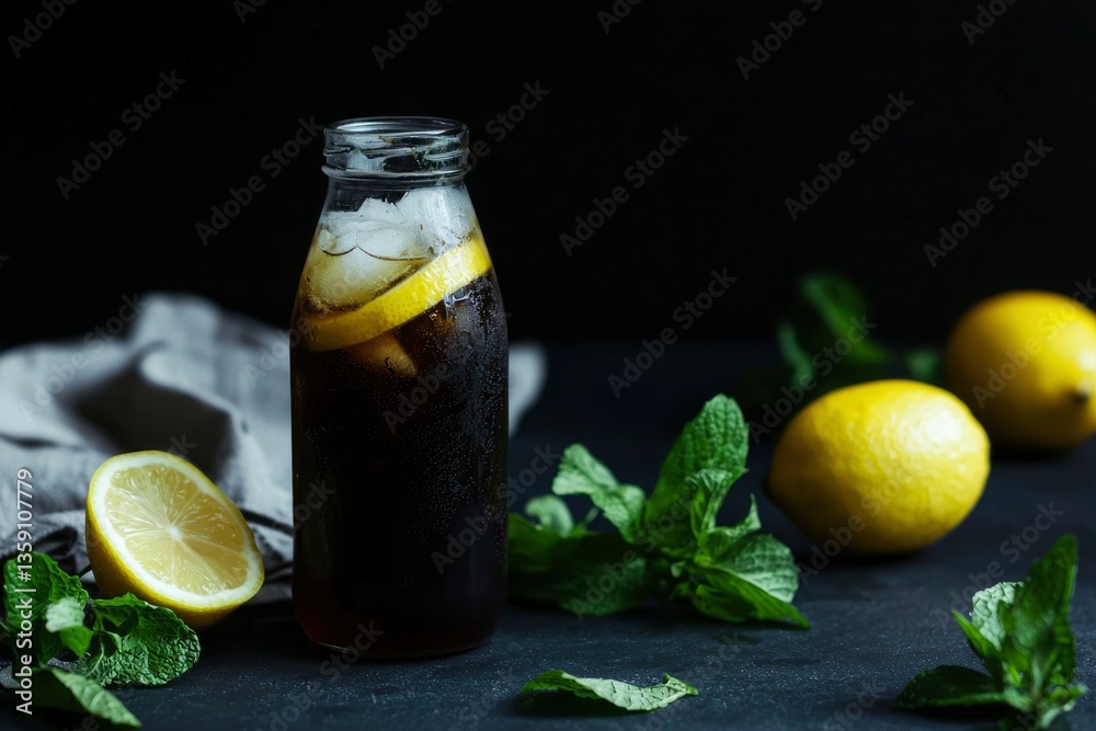 Refreshing iced tea with lemon and mint against a dark background on table for drink ads Refreshing iced tea with lemon and mint against a dark background on table for drink ads