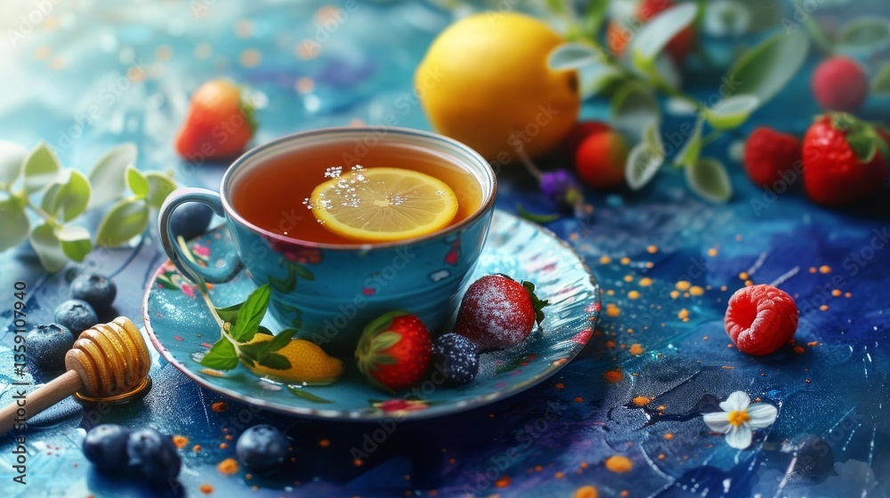 A blue cup of tea garnished with a lemon slice, surrounded by fresh strawberries, raspberries, and blueberries. The vivid blue surface enhances the brightness of the fruits, creating a visually