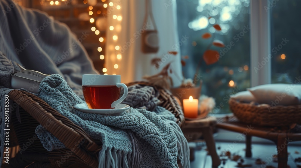 A warm cup of tea sits on a knit blanket-draped chair in a cozy, softly lit room, with twinkling fairy lights and a burning candle creating a comforting and intimate atmosphere.