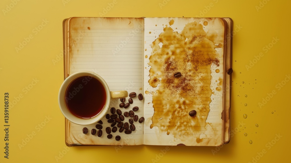 Coffee-stained open notebook with a cup of coffee and scattered coffee beans on a yellow background. Captures a casual, everyday moment of a coffee spill.