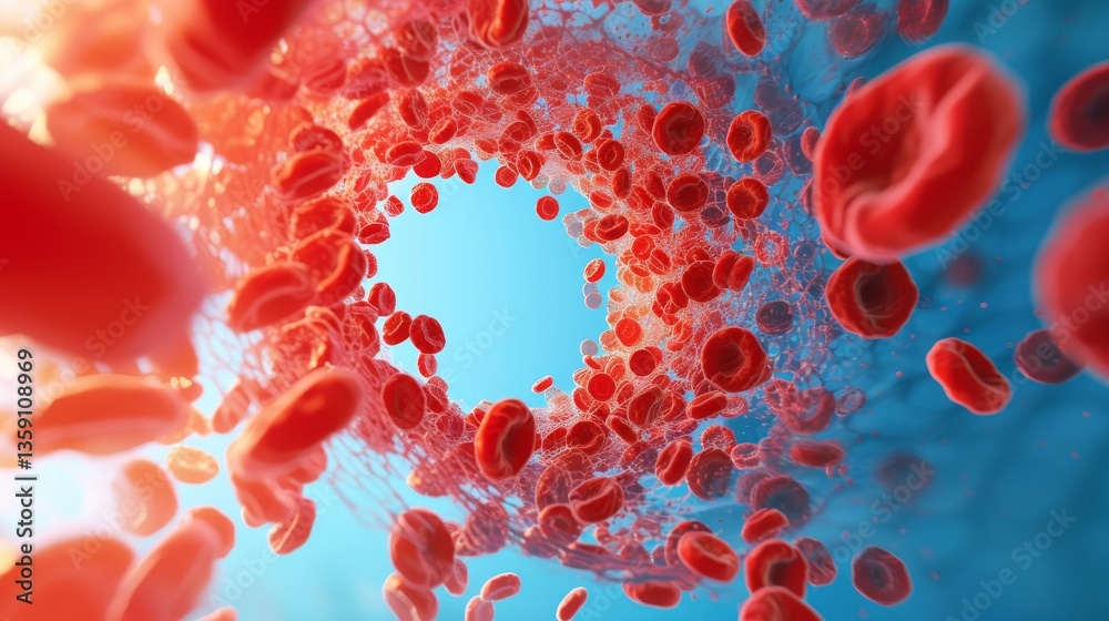 3D illustration showcasing red blood cells within a blood vessel, highlighting the flow and structure of the circulatory system. The bright red cells contrast with the vessel