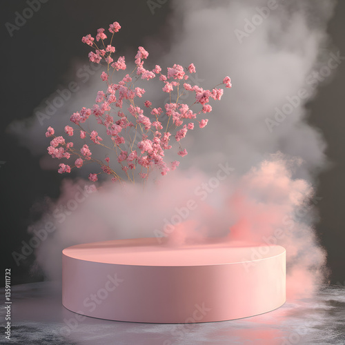 Delicate pink blossoms atop a pastel pink pedestal shrouded in ethereal smoky haze