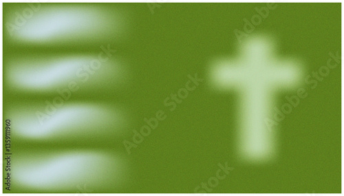 Grainy background for religious celebrations. Ash Wednesday. Palm Sunday. Cross and green palm. Abstract noise green, blue gradient grain background texture. Copy space, free space for text