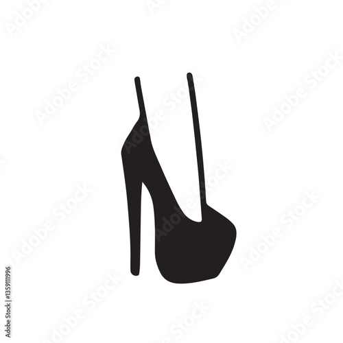 Sketch of women's shoes. Platform shoe. Black and white Icon of a shoe on a foot. Fashion and style. A shoe on a stiletto heel. Women's feet sketch.