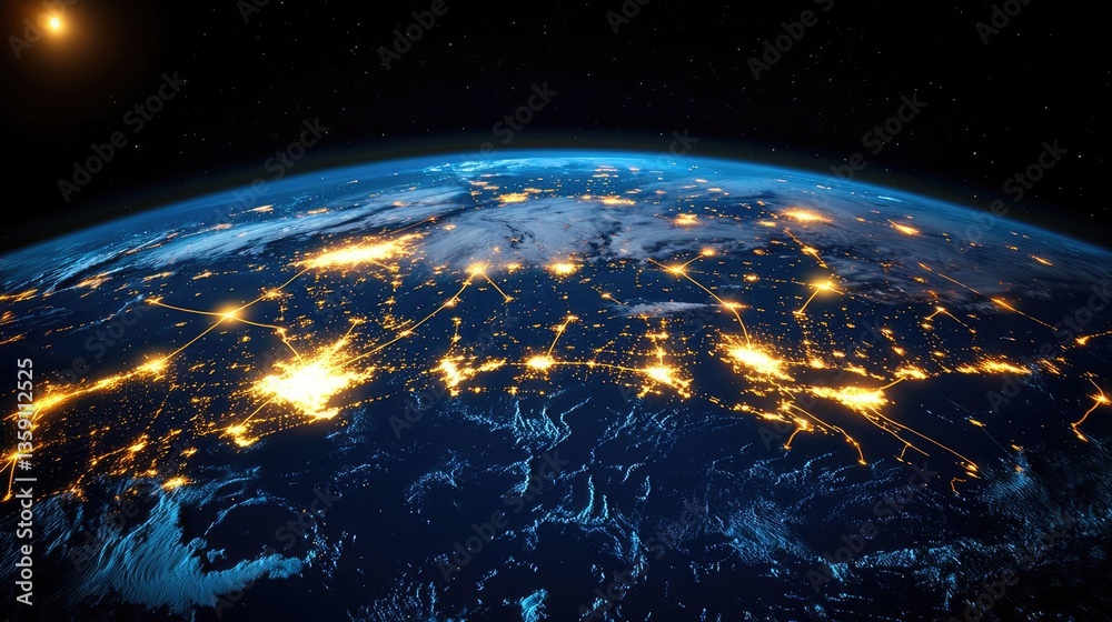 Obraz premium Earth at night highlighting finance, cityscapes, and connections concept. A stunning view of Earth from space with bright city lights.