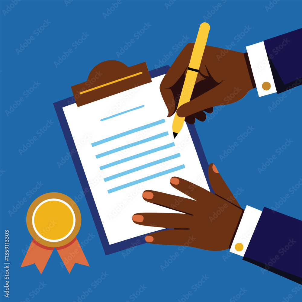 Businessman signing a contract with hand holding document and pen in office setting Businessman signing a contract with hand holding document and pen in office setting