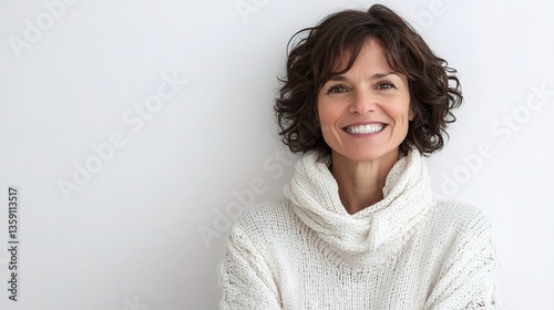 Happy Mid-40s Woman in White Sweater Smiling Cheerfully