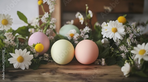 Vibrant easter eggs nestled among blossoming flowers on a rustic wooden table setting