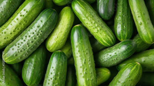 Fresh green cucumbers with textured skin are piled together, showcasing their vibrant color and natural pattern. These cucumbers are ideal for salads and healthy snacks