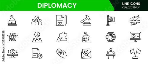 Diplomacy line icons collection. UI icon set in a flat design. Excellent signed icon collection. Thin outline icons pack. Vector illustration