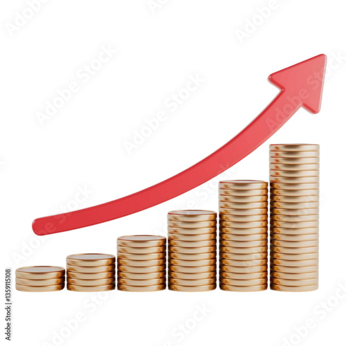 3d growth of money isolated on transparent background with wealth financial business success finance graph stock profit, investment chart, business success,graph with coins ,business graph with arrow