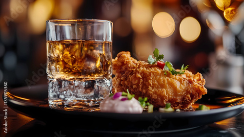 Crispy fried chicken and a cold beer, perfect for a casual dining scene
