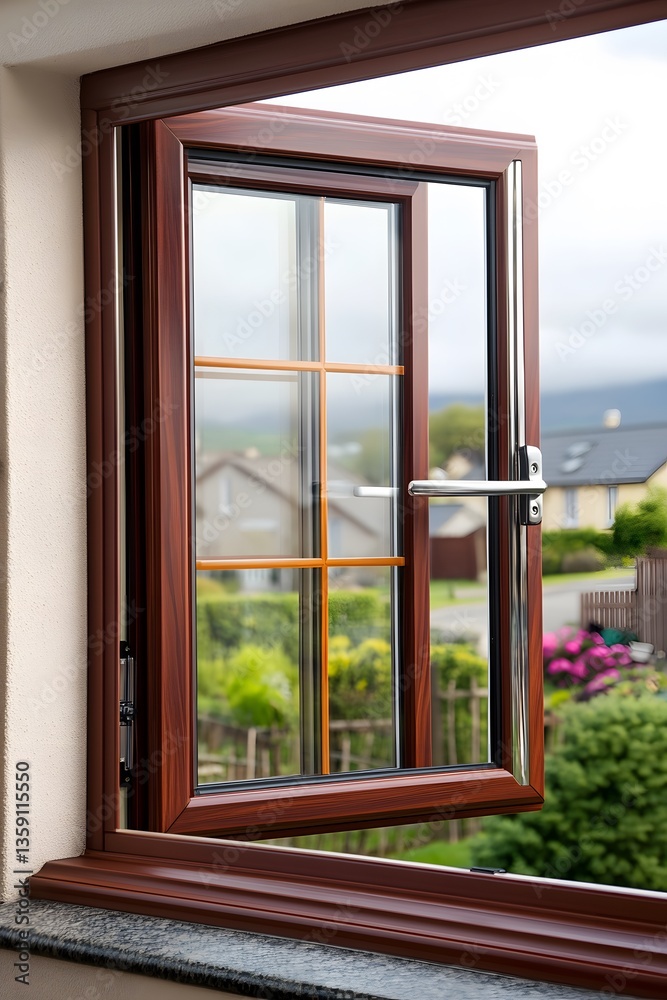 Fototapeta premium Modern Brown Woodgrain Window Open to Garden View