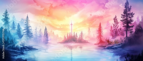 Vibrant watercolor landscape of quantum-powered giga pixel art serene lake nature scene dusk view dreamy concept