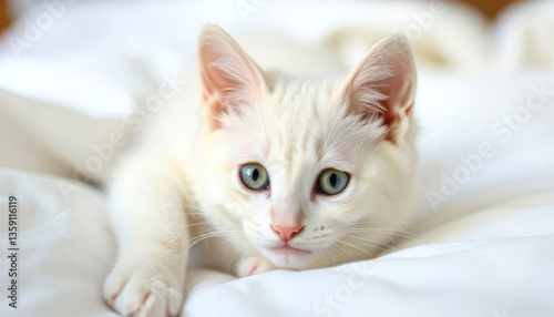 Wallpaper Mural Cute white kitten relaxes on bed, close-up portrait of domestic animal at home, perfect pet for kids, for greeting card, poster and pet shop advertising, positive Torontodigital.ca