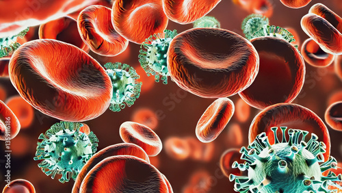 Floating influenza virus cells under microscope. Virus bacteria and red blood cells, infection, health care, medical and science concept.