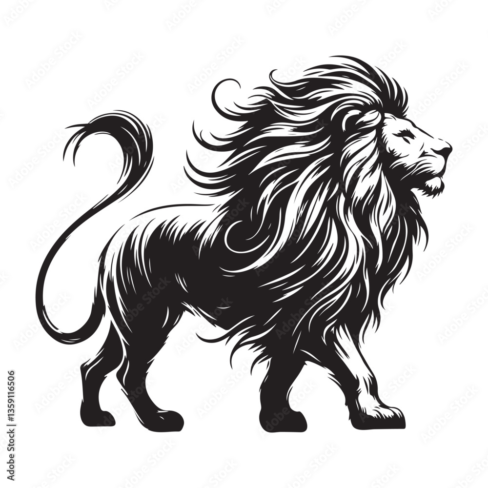 Obraz premium Majestic Lion Illustration Walking with Flowing Mane Silhouette Art