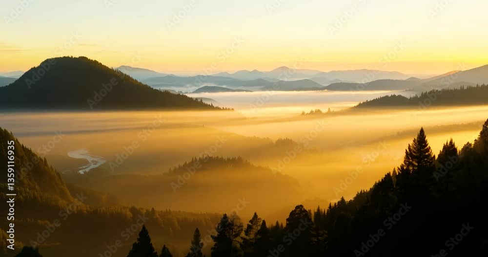 Sunrise over the mountains with a calm lake, misty fog, and a peaceful reflection of the sun in the water