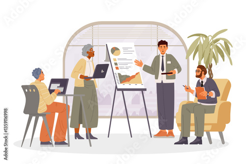 Diverse colleagues on business presentation flat vector illustration isolated on white.