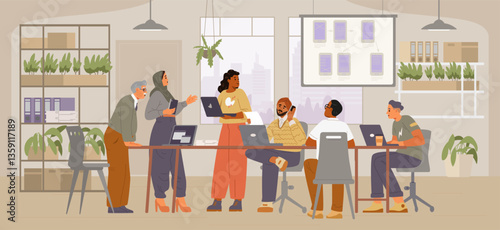 Diverse business team on a meeting in the office interior flat vector illustration. People discussing app development project.