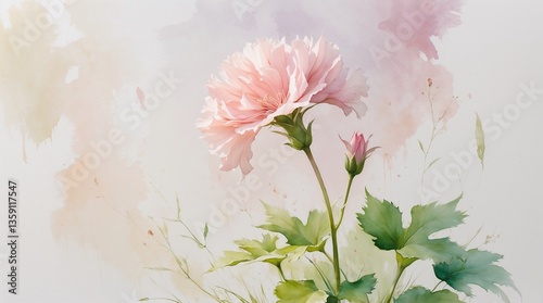 A watercolor painting of a pink flower with green leaves