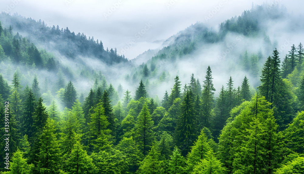 Obraz premium Misty mountain forest landscape, scenic view, nature background, travel poster