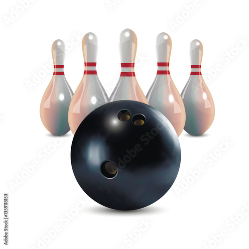 Realistic bawling black ball with pins on white background